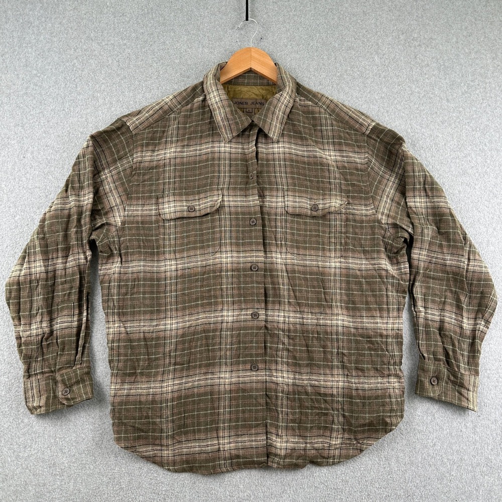 Jones Jeans Flannel Shirt Mens XL Brown Plaid Cotton Wool Blend Long Sleeve‎
